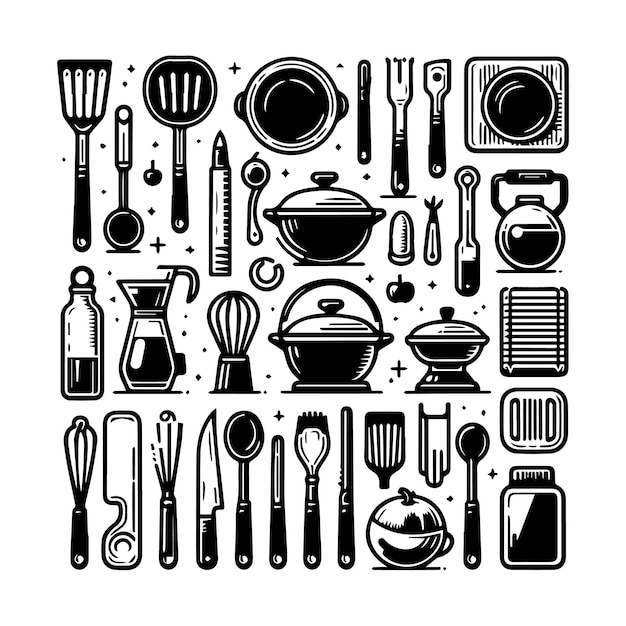 Kitchen tools set vector silhouette illustration Kitchen equipment and dishwasher