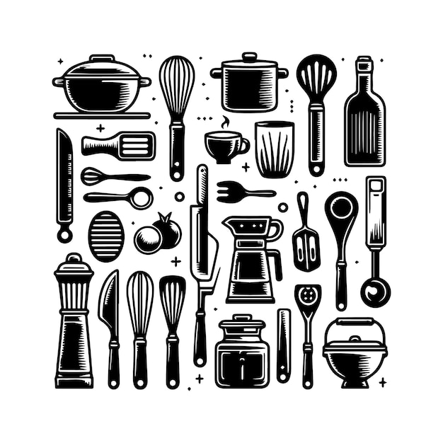 Kitchen tools set vector silhouette illustration Kitchen equipment and dishwasher