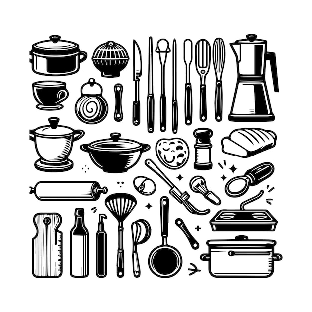 Kitchen tools set vector silhouette illustration Kitchen equipment and dishwasher