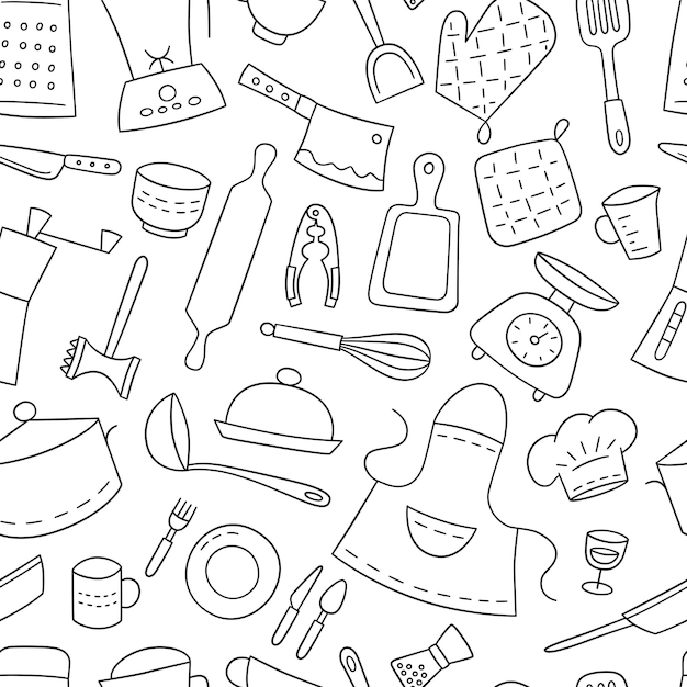 Kitchen tools and tableware. Cook. Seamless pattern.