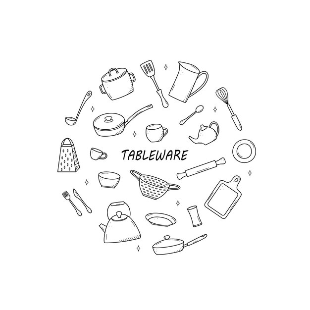 Kitchen tools and tableware doodle icon Vector illustration set of elements cook