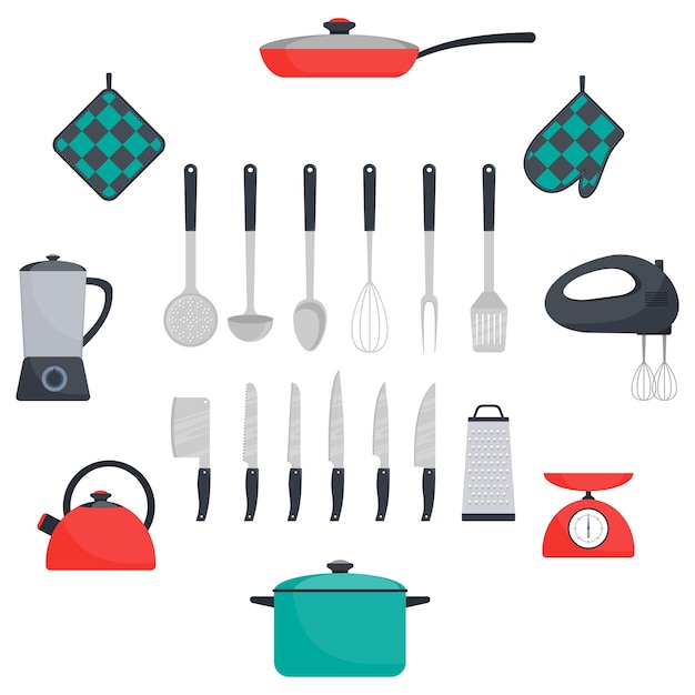 Kitchen utensils and appliances set Frying pan saucepan kettle mixer blender scales oven mitts