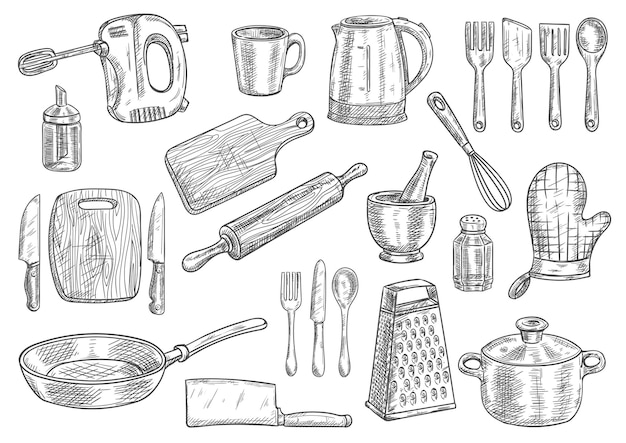 Kitchen utensils and appliances sketches