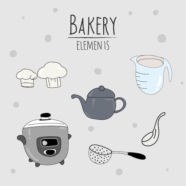 Kitchen utensils and bakery tools doodle hand drawn vector illustration