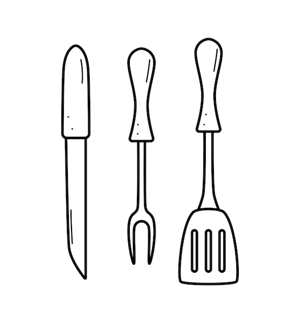 Kitchen utensils a barbecue spatula and fork a knife Vector doodle illustration of cooking food