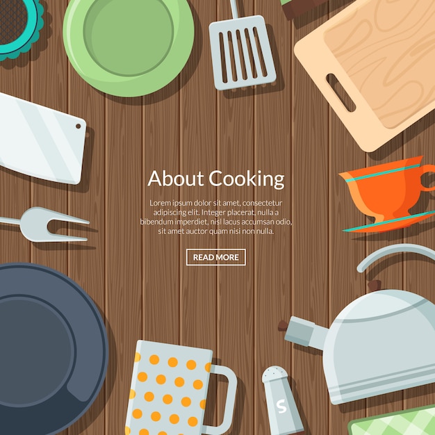 kitchen utensils flat icons on wooden texture with place for text