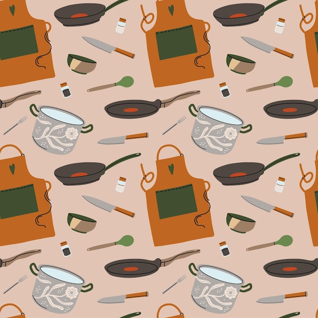 Vector kitchen utensils seamless pattern kitchenware tools background frying pan saucepan knives and forks modern contemporary textile wrapping paper wallpaper design print for fabric vector