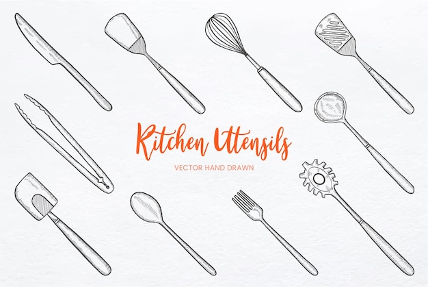 Kitchen utensils set collection with hand drawn sketch vector