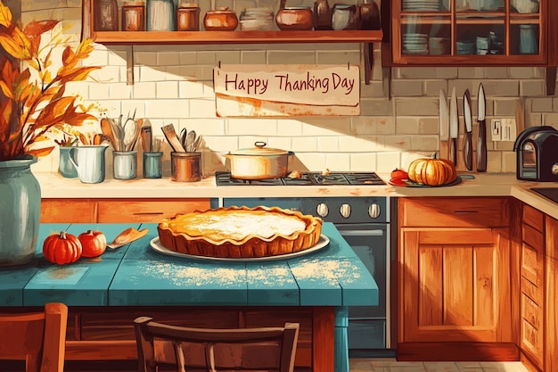 a kitchen with a cake that says happy thanksgiving on it