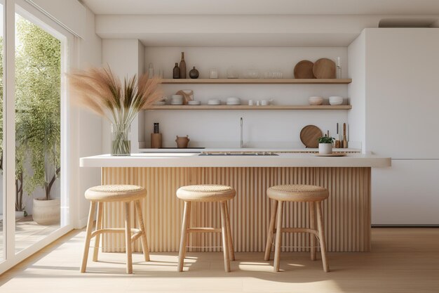 Vector a kitchen with a counter and stools and a vase of flowers