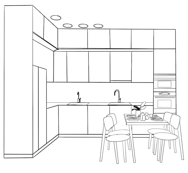 Kitchen with furniture and kitchenware Vector