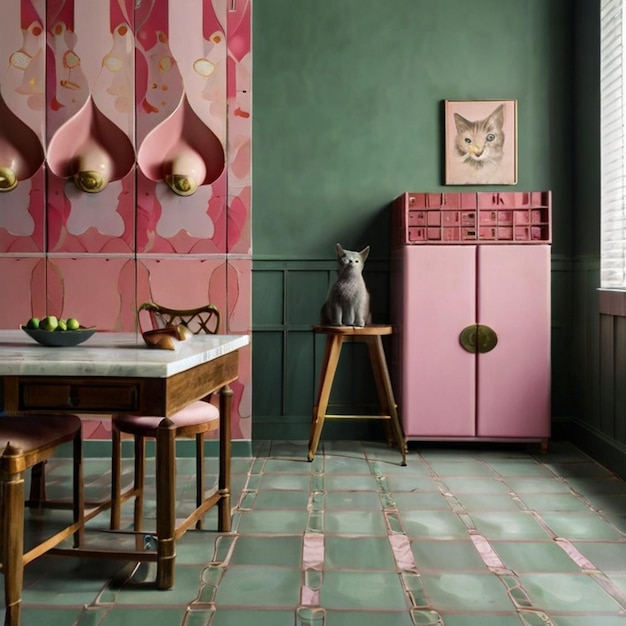 a kitchen with a pink refrigerator and a cat on the wall