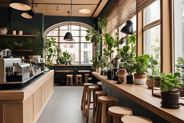 Vector a kitchen with a plant on the counter and a window with the blinds open