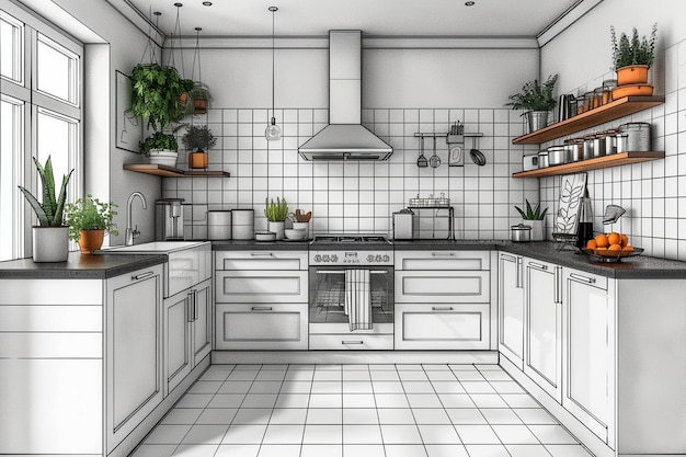 Vector a kitchen with a stove oven and a potted plant on the counter