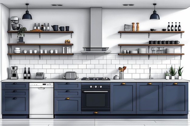 Vector a kitchen with a stove oven and shelves with a white tile back splash