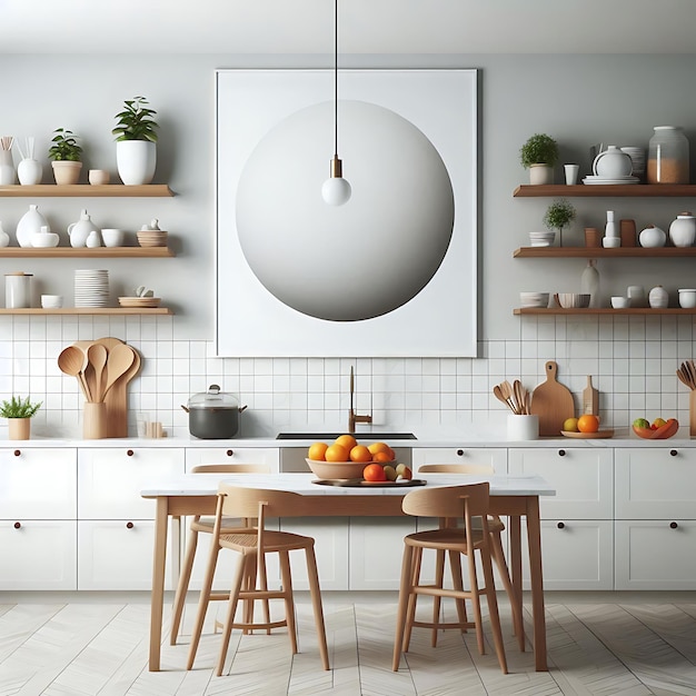 Vector a kitchen with a table chairs a table and a bowl of fruit on the shelf