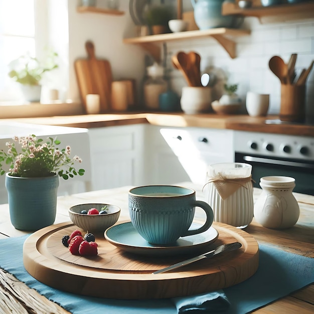 Vector a kitchen with a table with a plate of fruit and a cup of coffee on it