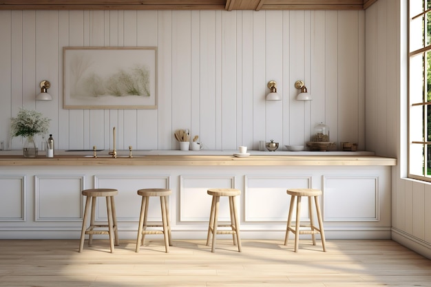 Vector a kitchen with a white cabinet and three stools