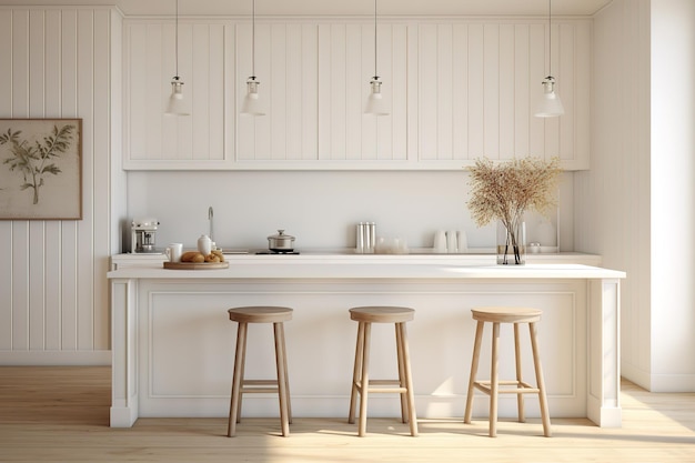 a kitchen with a white counter and two stools and a vase with flowers on it