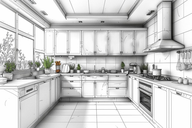 Vector a kitchen with a white tile floor and a white floor with a picture of a kitchen with a plant on it