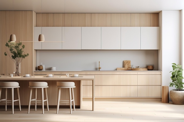 a kitchen with a wooden floor and white cabinets and a white counter top with white stools