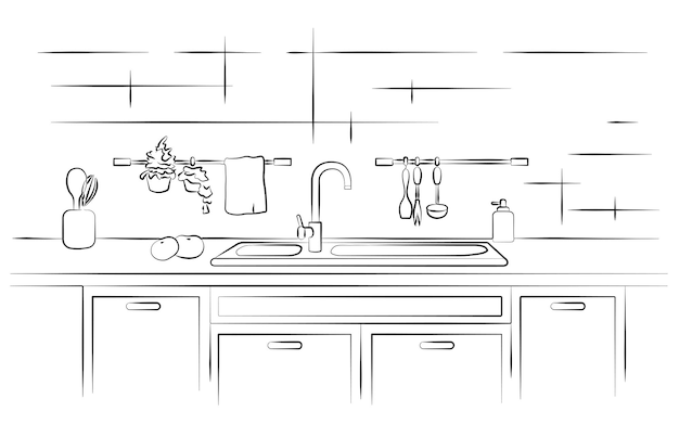 Kitchen worktop with sink Linear sketch vector illustration