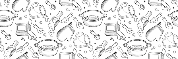 Kitchenware and Cook ingredients outline Pattern Food icons and elements Pattern for background