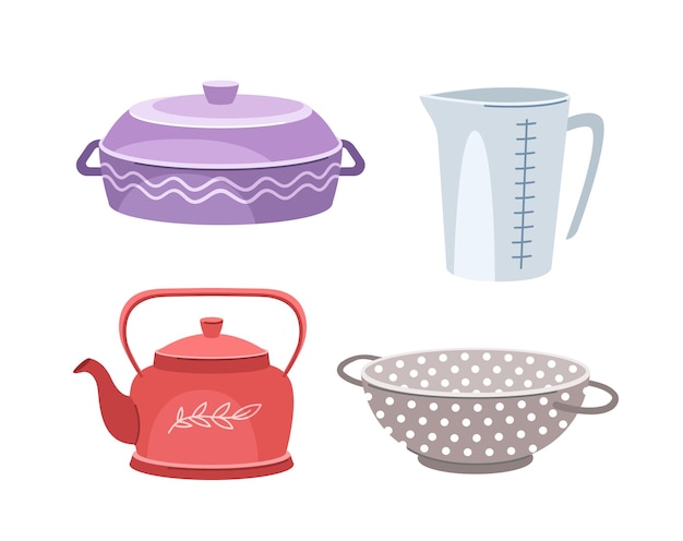 Kitchenware items set Dishware for cooking and preparing food Red teapot and violet saucepan Graphic element for website Cartoon flat vector collection isolated on white background