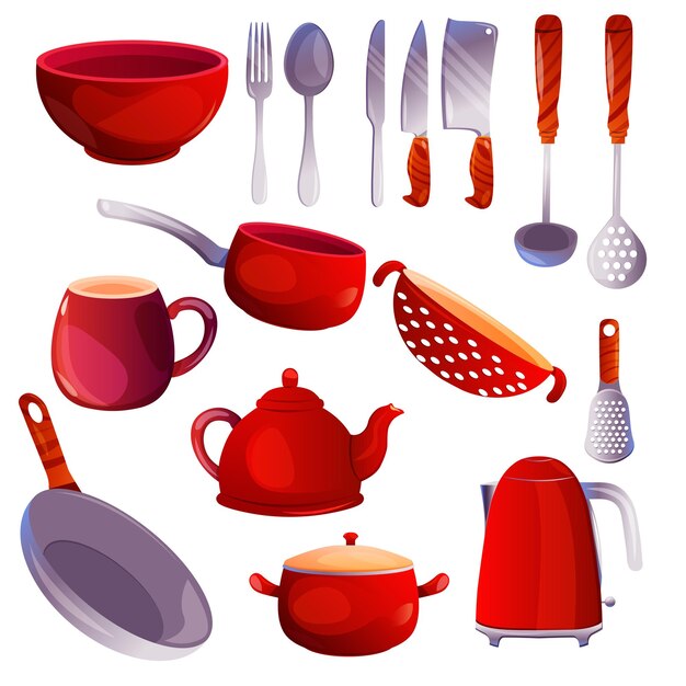 Vector kitchenware kitchen utensil cartoon vector illustrations set red and silver icons for menues apps