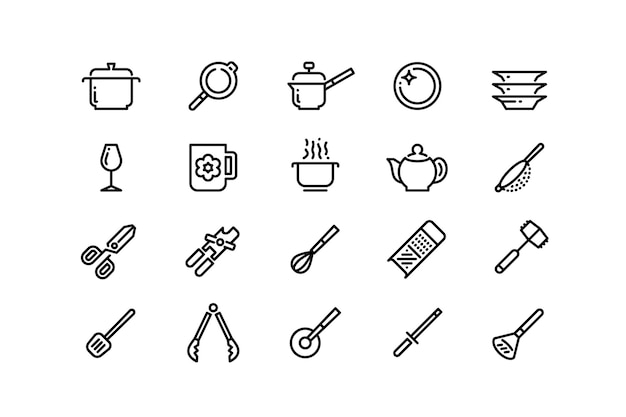 Kitchenware line icons Clean dishes cooking pot frying pan grater colander wine glass tea pot cup sauce pan outline symbols Vector cooking utensils set editable stroke