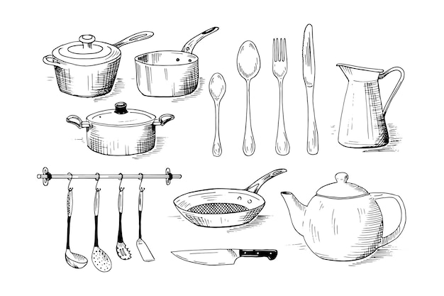 Kitchenware and utensil. Hand drawn illustrations. Set of vector sketches.