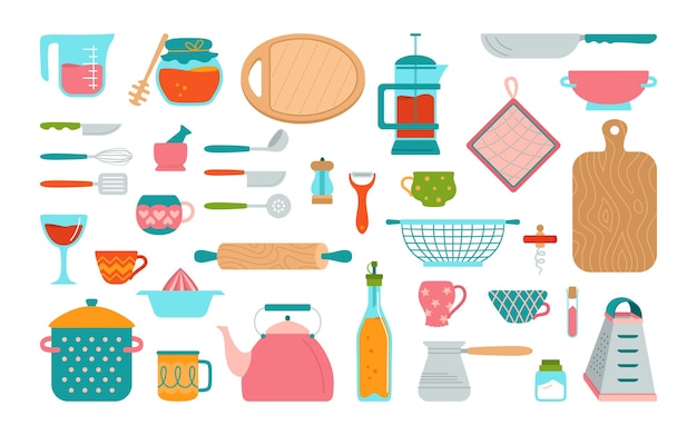 Kitchenware and utensils cartoon set Modern kitchen tool flat cooking dishes, equipments Dishes cup, tack teapot grater Hand drawn utensils collection objects