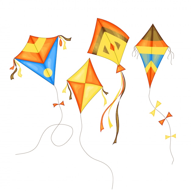 Kite set of different colors in cartoon style isolated