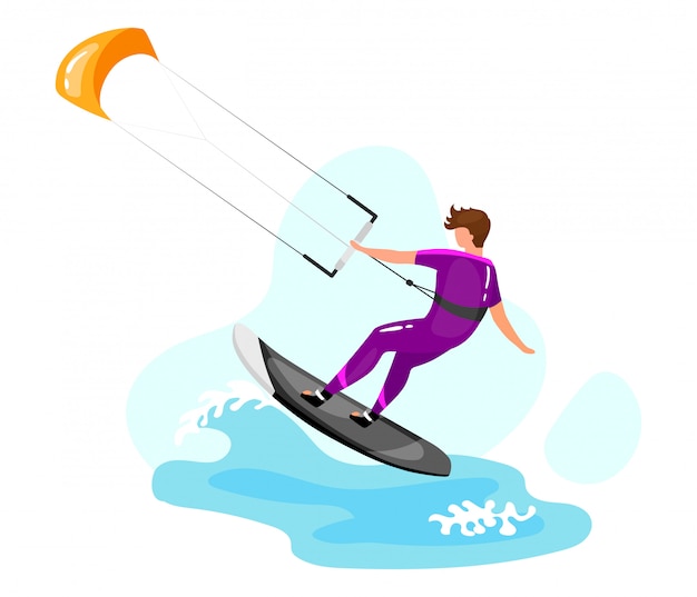 Kitesurfing   illustration. Extreme sports experience. Active lifestyle. Summer vacation outdoor activities. Ocean turquoise waves. Sportsman  cartoon character on blue background