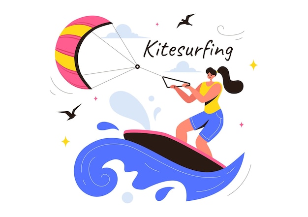 Vector kitesurfing vector illustration featuring a kite surfer standing on a kiteboard in the summer sea in extreme water sports with a cartoon background