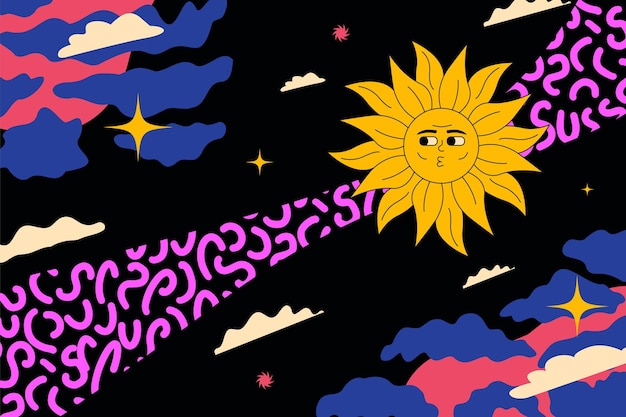 Kitsch hippie abstract illustration cheerful sun on the background of a black sky in spots Psychedelic acid artwork