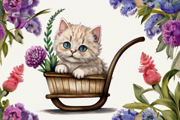 Vector a kitten in a basket with flowers and a basket with a kitten in it