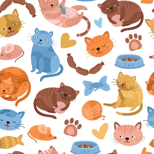 Kitten pattern Cartoon cat cute animal seamless background Doodle fun pets print childish or veterinary textile exact vector illustration