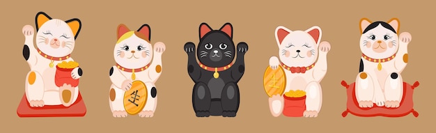 Kitten vector set isolated on brown background lucky cat in Japanese traditional culture