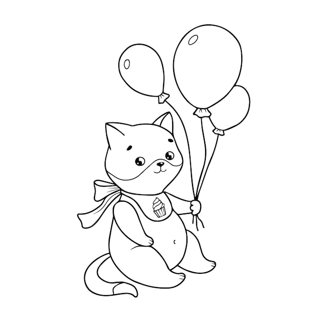 Kitten with balloons Illustration for coloring page Color book for kids