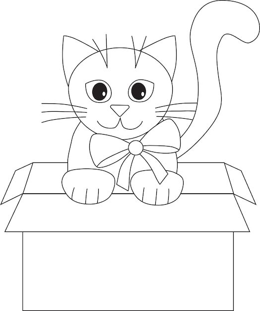 Kitten with a bow in a box, children's coloring book.