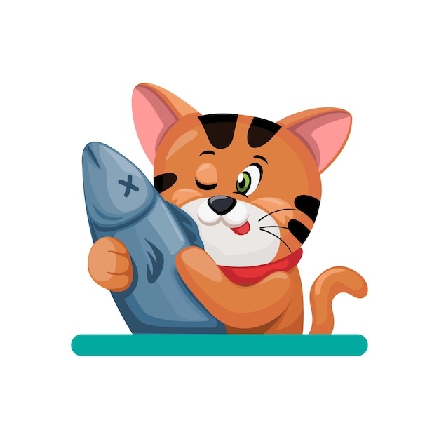 Kitten with fish mascot character illustration vector