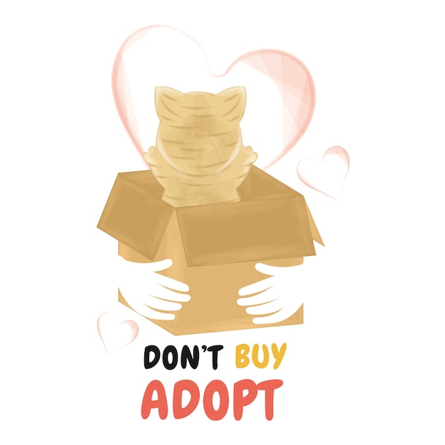 Kitty in a box heart and hands pet adoption vector