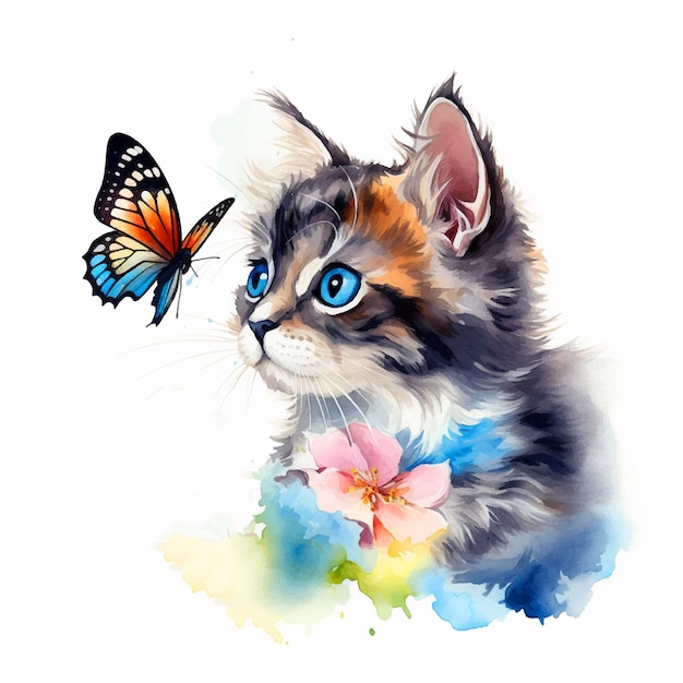 Kitty watching a flying butterfly watercolor paint