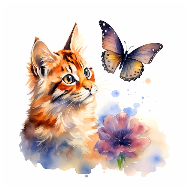 Kitty watching a flying butterfly watercolor paint