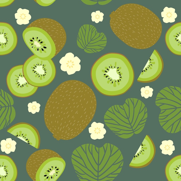 Kiwi seamless pattern, kiwi fruit half, slice, leaf and flower vector background.