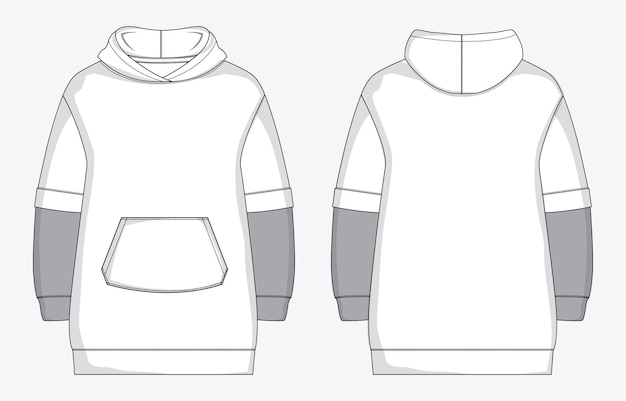 Knee length oversize hoodie technical drawing fashion flat sketch vector template for ladies