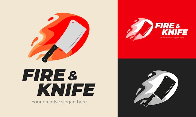 Knife and fire logo template for grilled meat restaurant editable logo in vector