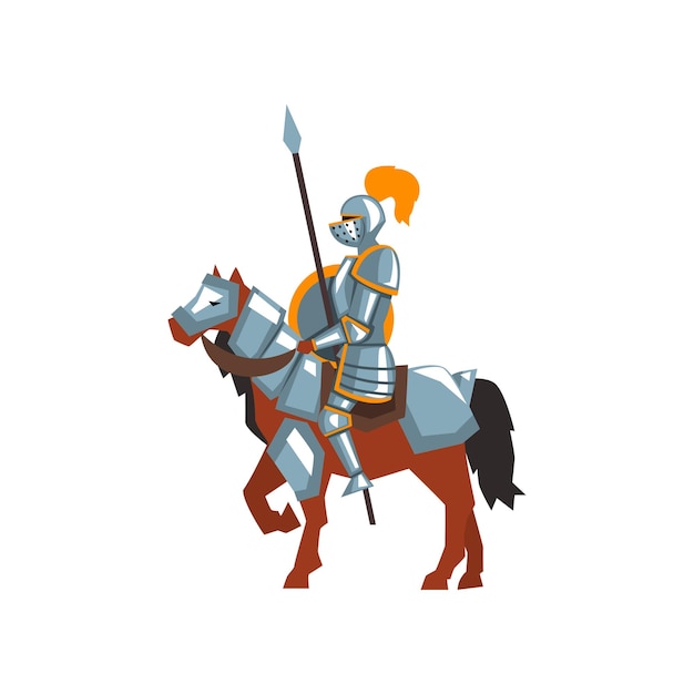 Knight riding horse with spear and shield. Royal warrior in steel shining armor. Design for mobile game or story book. Cartoon style illustration. Colorful vector icon isolated on white background.