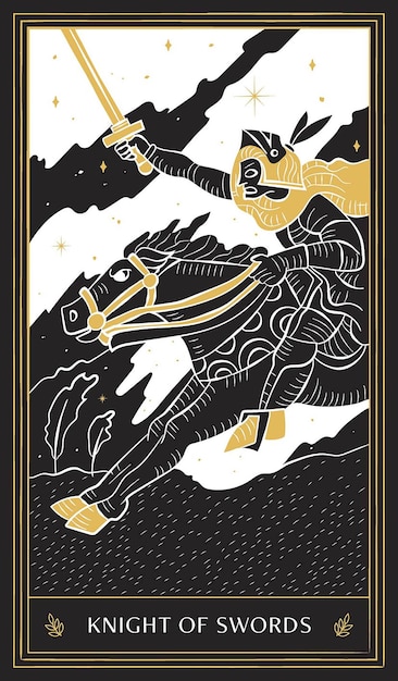 Knight of Swords Tarot Card in Minor Arcana with Black Gold and White Hand Drawn Vector Doodle